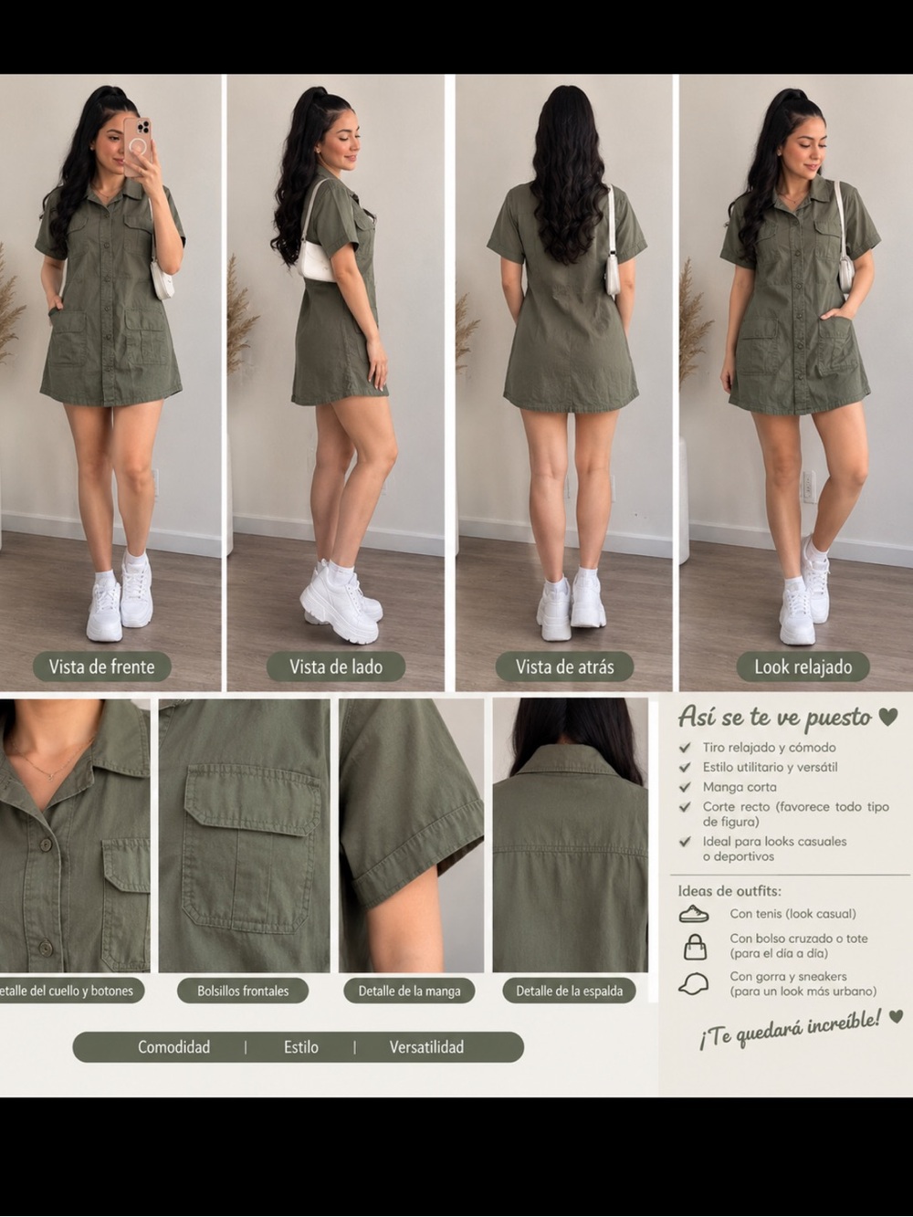 Short-Sleeve Utility Shirt Dress - Olive